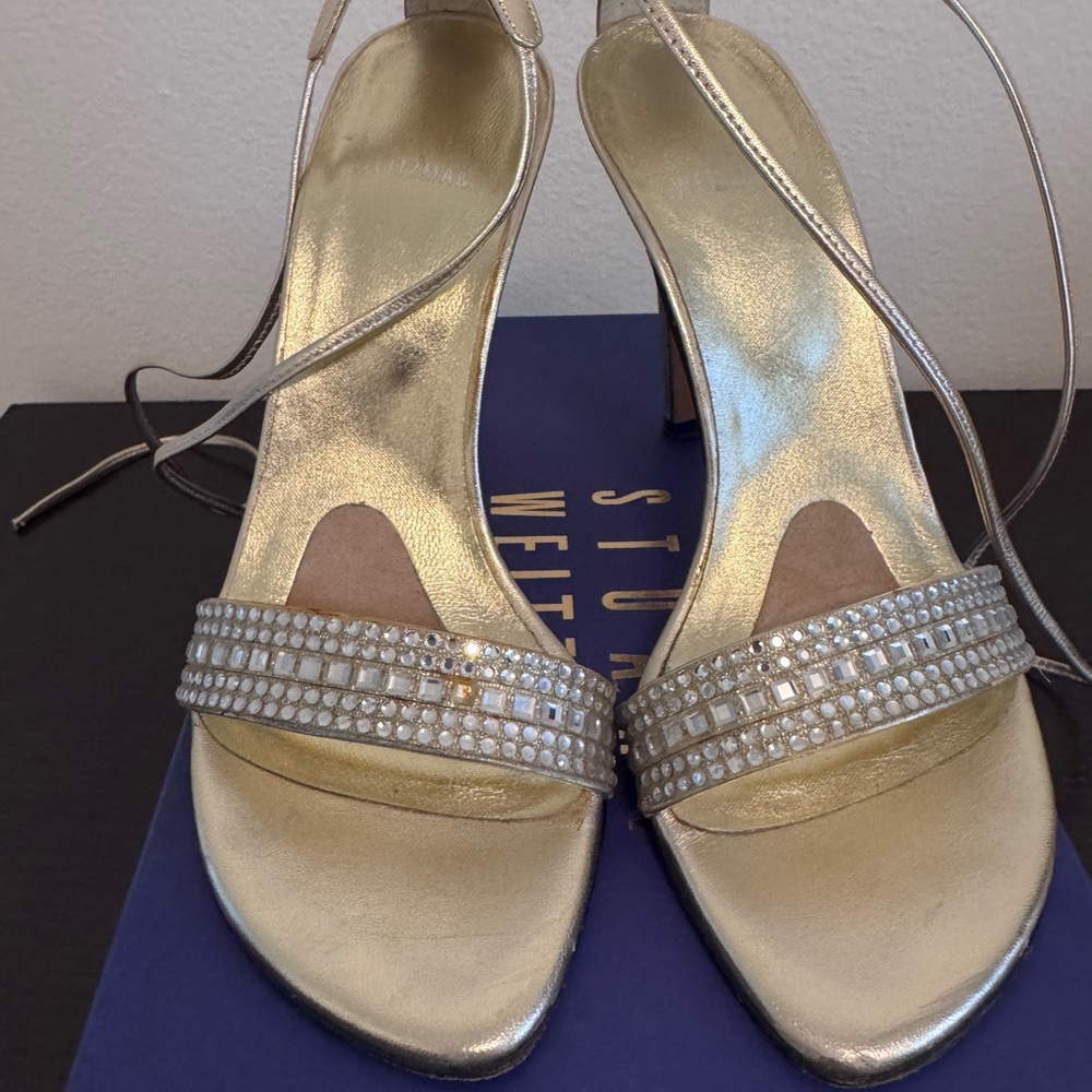 Stuart Weitzman Gold Crystal-Strap Slingback Heels